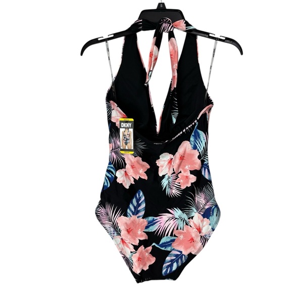 DKNY halter one piece swim bathing suit black pink tropical print size medium - Picture 2 of 11